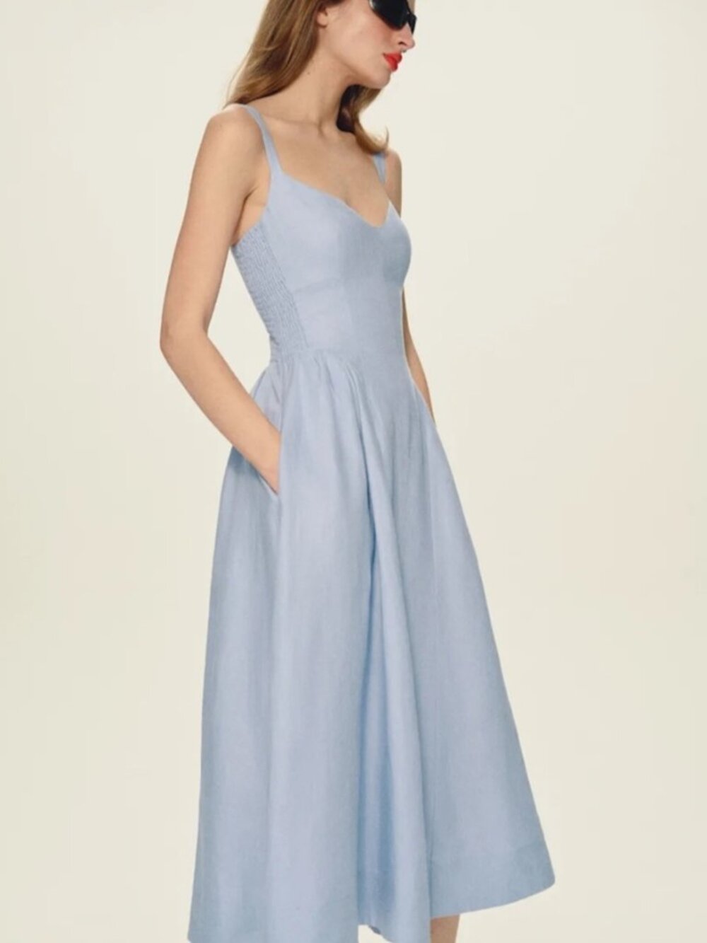 NEW Reformation Birdie Linen Sleeveless Midi Dress Cloud Blue US 2 UK 6 - Picture 2 of 15